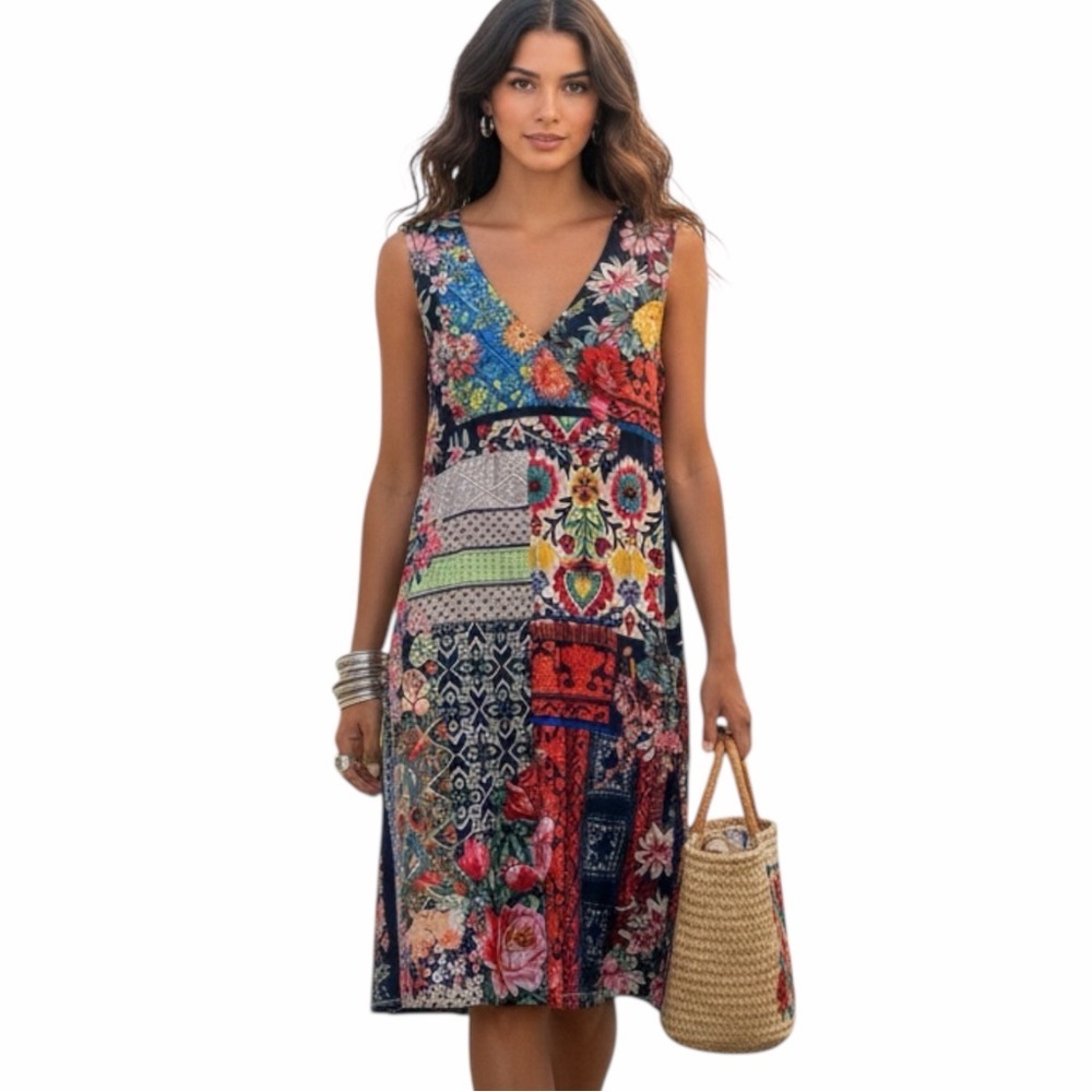 Johnny Was Patchwork Boho Mini Dress • Mixed Floral Print • XS